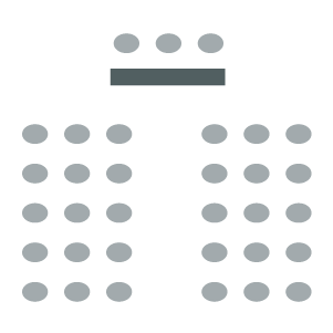 Two columns of seating with a presenter table facing the audience