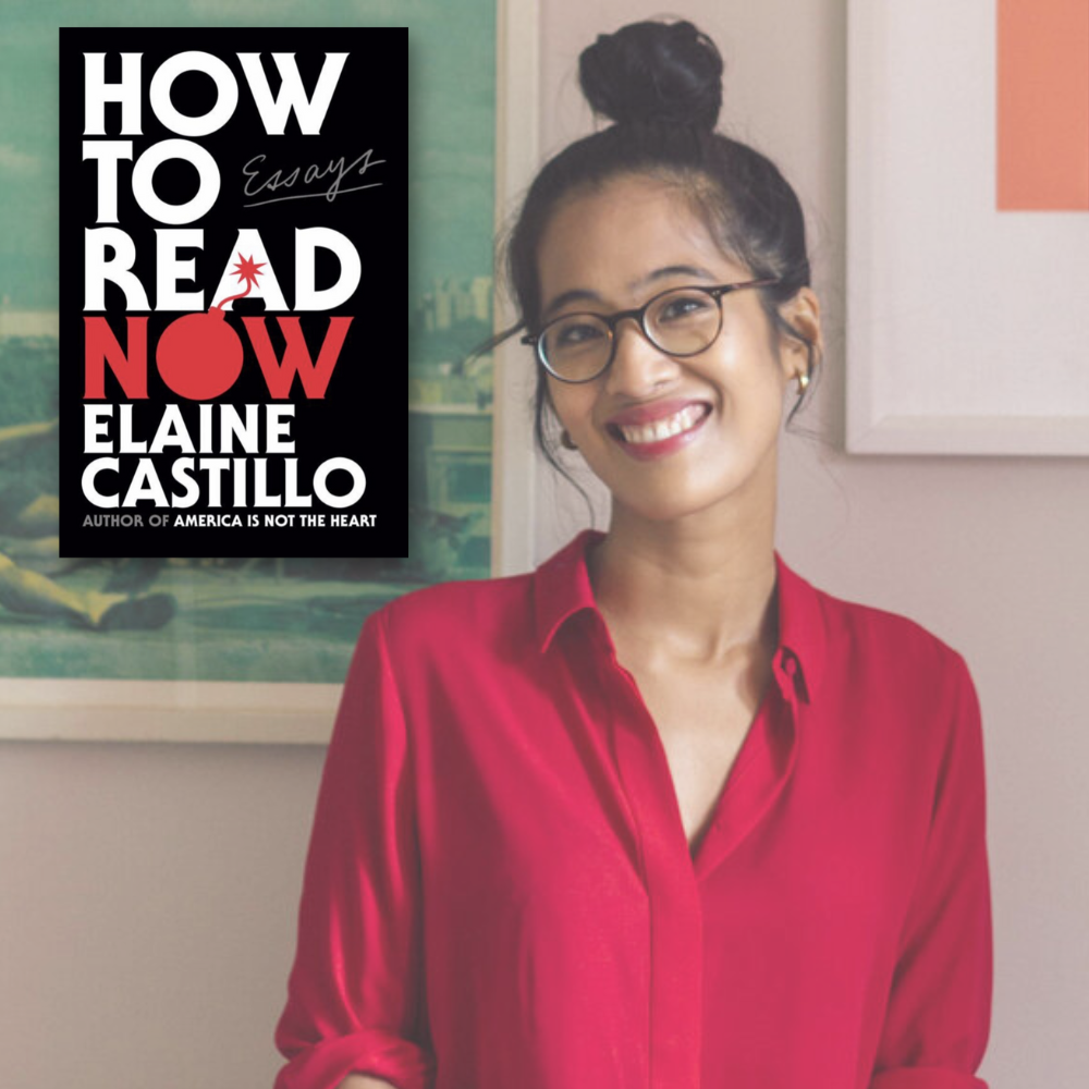 portrait of elaine castillo with how to read now book cover in background