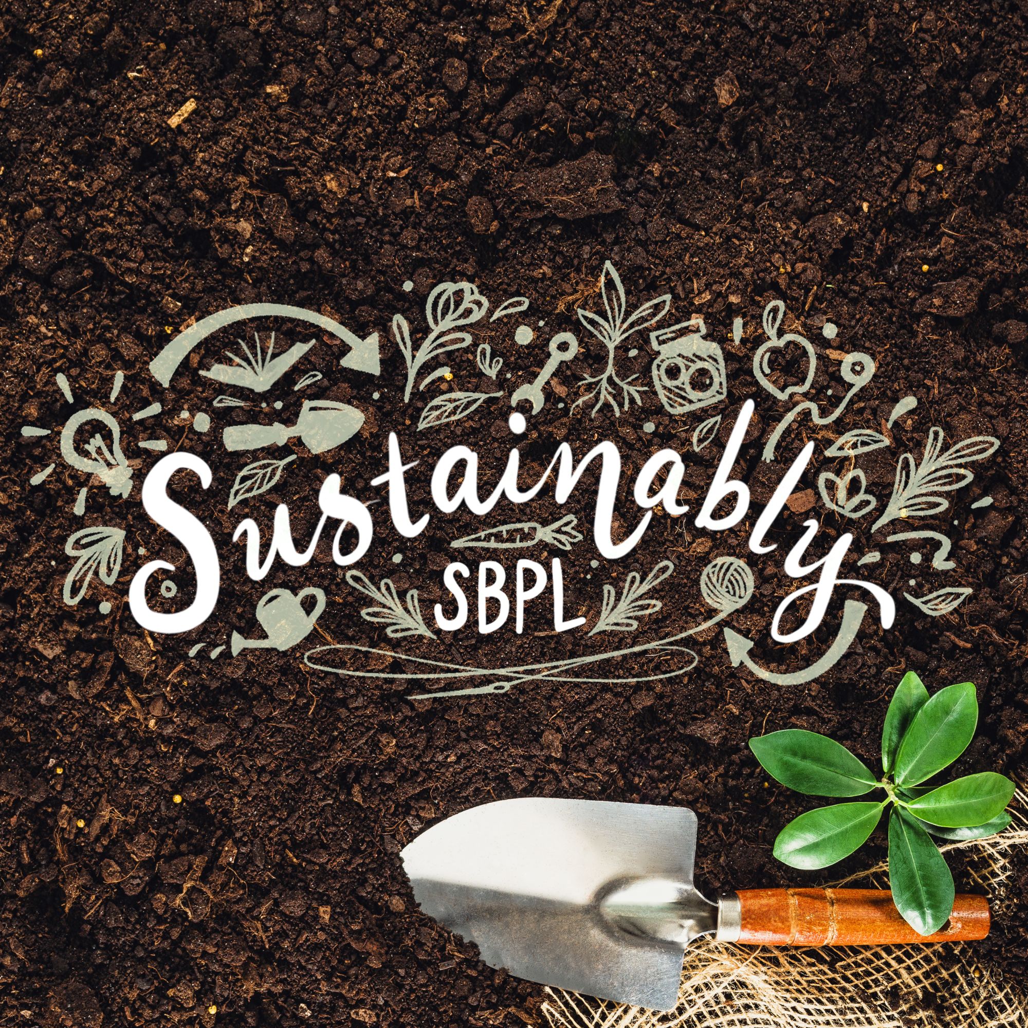 shovel among a pile of dirt with sustainability logo