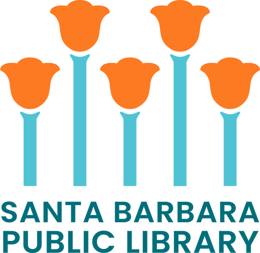 Reads "Santa Barbara Public Library" with orange and light blue tulips above the words