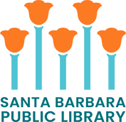 Reads "Santa Barbara Public Library" with orange and light blue tulips above the words