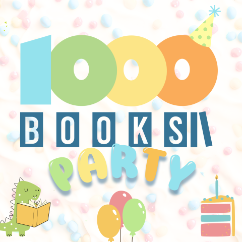 Promoting 1000 Books Party. Features confetti background; with balloons, cake, and dinosaurs on the bottom.