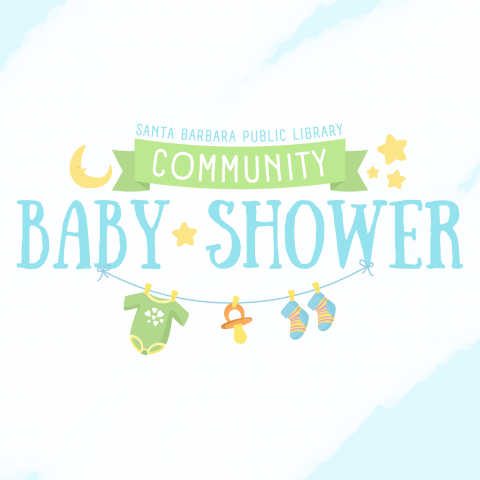 Promotional graphic for SBPL Community Baby Shower featuring stars and baby items with a light blue background.