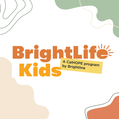 The text "BrightLife Kids" appears in bold orange and yellow, with a small sun graphic above the word "Life," accompanied by a yellow label that reads "A CalHOPE program by Brightline" on a light background with abstract shapes in soft colors.