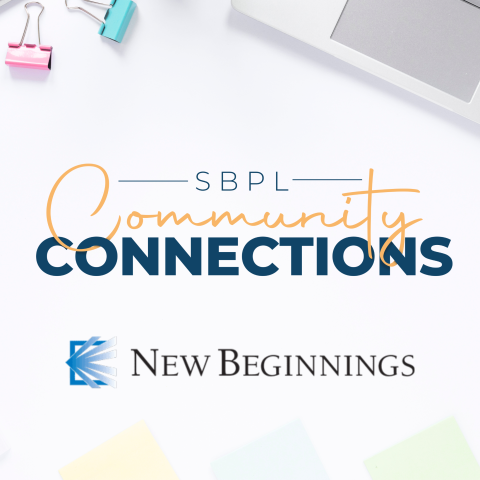 Program logo featuring SBPL Community Connections text with the New Beginnings organization below.