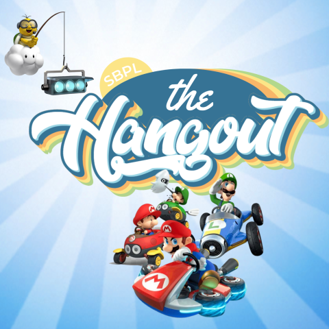 The text "SBPL The Hangout" appears prominently above characters from the Mario Kart video game, with Lakitu holding a traffic light in the upper left corner.