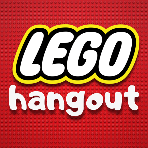 Promotional graphic for Lego Hangout with white "Lego Hangout" text on red background.