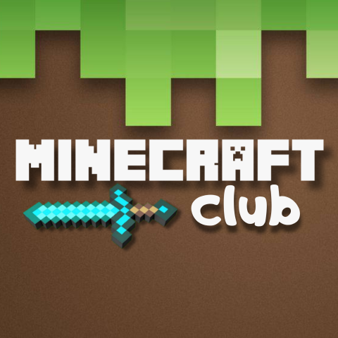 Promotional graphic for Minecraft Club with white text and diamond sword on a grass block background.