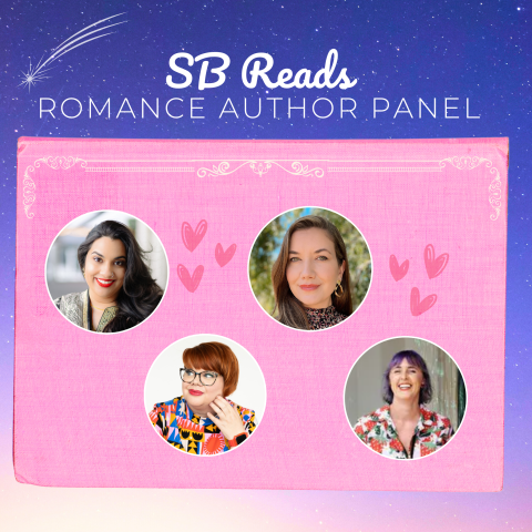 Promotional graphic for Romance Author Panel featuring authors' portraits on pink card background.