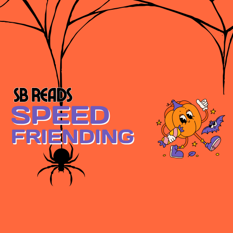 Promotional graphic for SB Reads Speed Friending with an orange background and spiderweb.