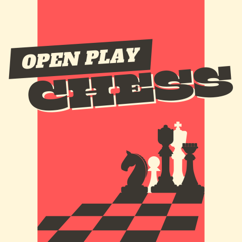 Promotional graphic Open Play Chess on a red and black board pattern