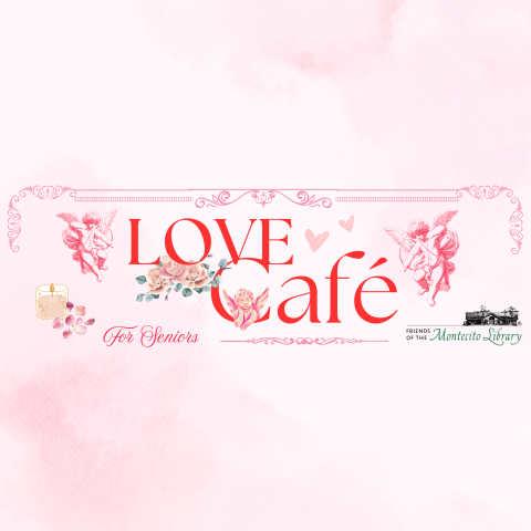 Promotional graphic for Love Cafe with red text, flower border, and pink tie dye background.