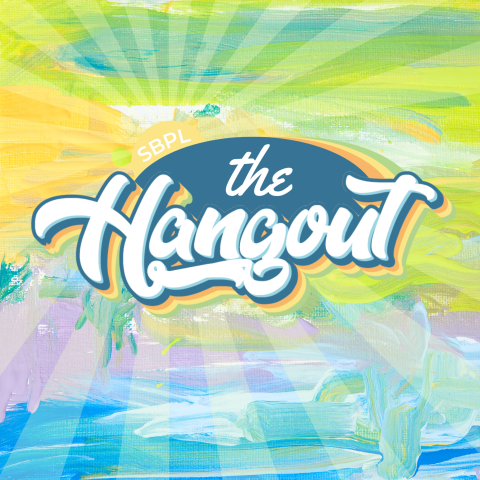 Promotional graphic for teen Hangout with tie dye background.