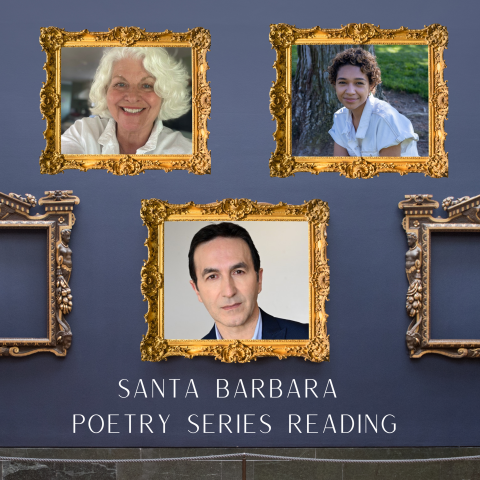 Promotional graphic for SB Poetry Reading featuring portraits of poets