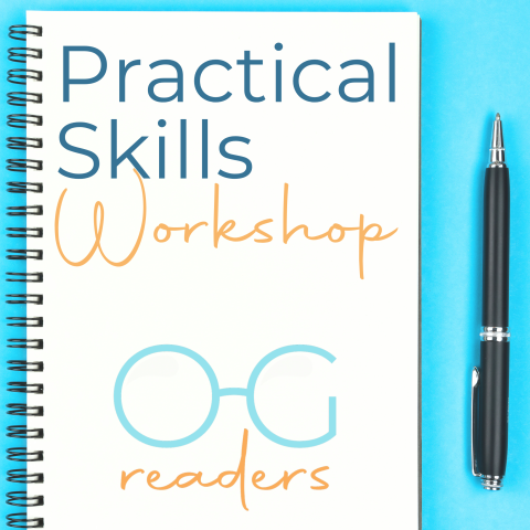 Practical Skills Workshops OG Readers text on notebook background with blue border and pen