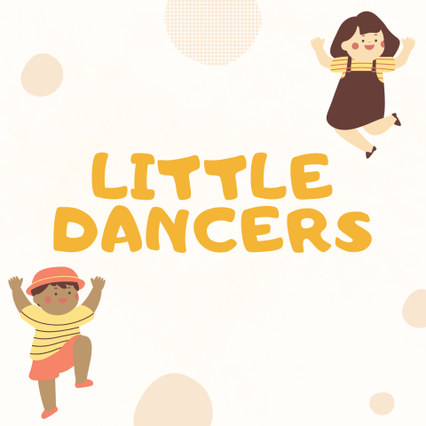 Promotional graphic for Little Dancers program with children dancing and polka dots.