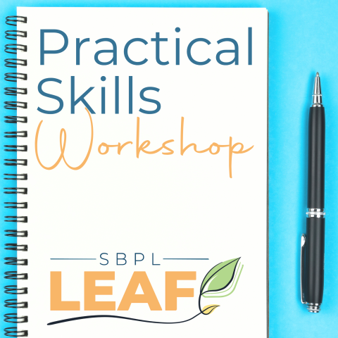 Practical Skills Workshops Text on notebook background with blue border and pen