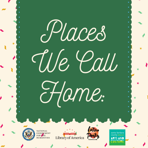 Promotional graphic for Places We Call Home featuring green and cream background with confetti