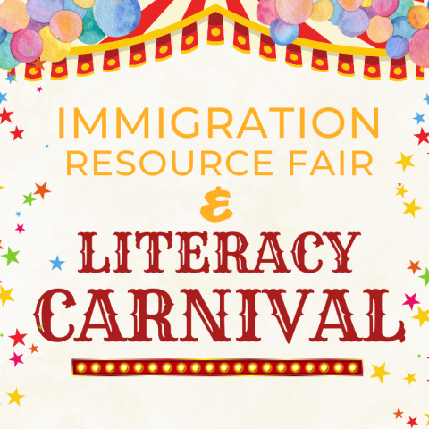 SBPL Immigration and Literacy Resource Fair on a carnival background