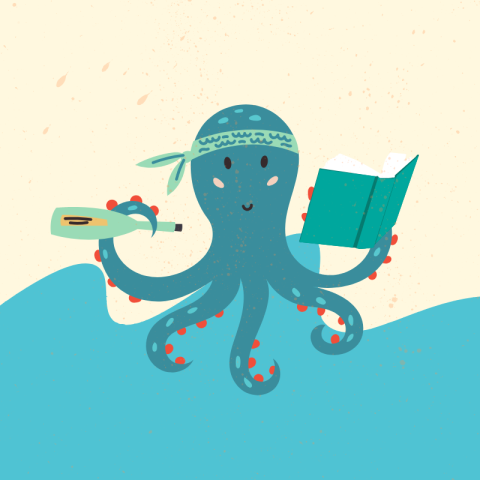 Blue octopus illustration on a pastel beach background