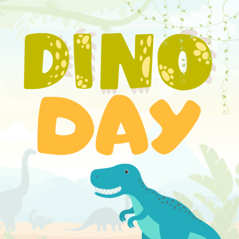 Dino Day with blue dinosaur cartoon on opaque Jurassic background