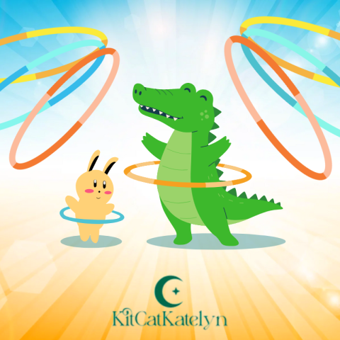 Illustrations of a dinosaur and rabbit hula hooping with sunburst background