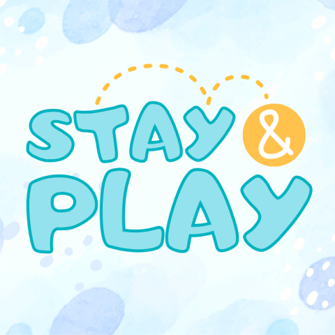 Stay & Play blue text on transparent blue background with clouds