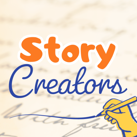 Graphic with the words “Story Creators” over a cursive background and an illustrated hand holding a pen.