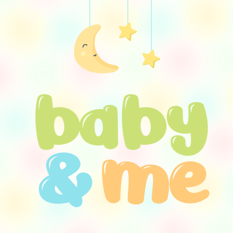 “Baby & Me” text in pastel colors below a crescent moon and two hanging stars on a soft background.