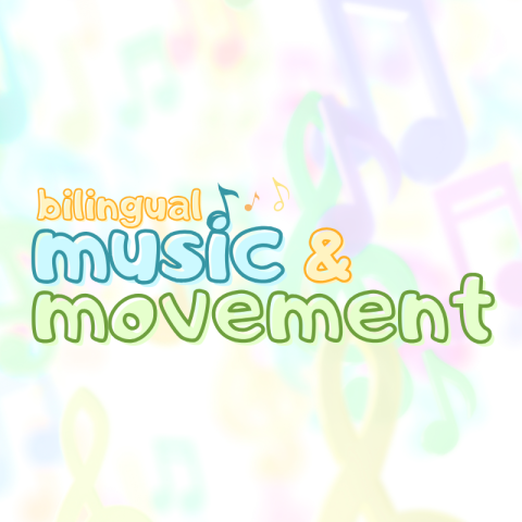 “Bilingual Music & Movement” text in pastel colors with small music notes on a transparent background of musical symbols.