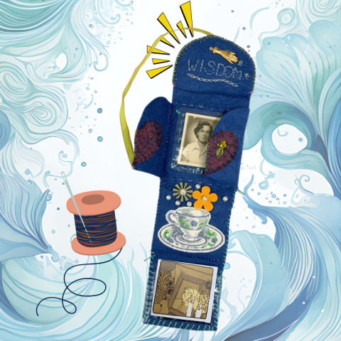 Blue felt artwork with photos and the word “Wisdom” stitched at the top, illustrated yarn and needle against a swirling blue background.