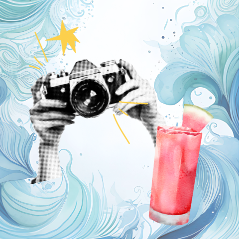 Black and white hands hold a camera next to a pink drink with illustrated star accents against a swirling blue background.