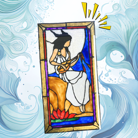Stained glass artwork of a woman in a white dress playing a instrument, framed in gold, against a swirling blue background.