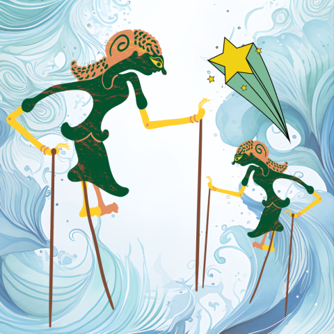 Two stylized puppets with walking sticks against a swirling blue background with a yellow star above.