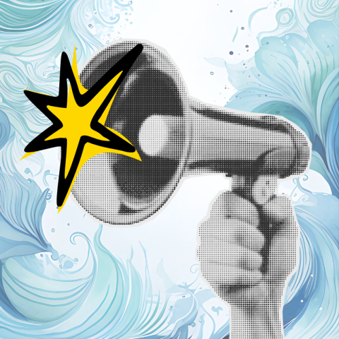 Black and white hand holding a megaphone with a yellow comic burst against a swirling blue background.