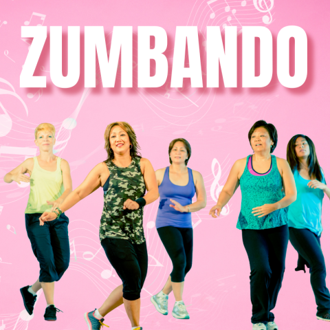 Five people dance under the bold text “Zumbando” against a pink background with musical notes.