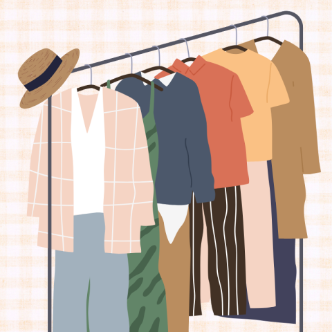 Illustration of assorted clothing hanging on a garment rack against a soft plaid background.