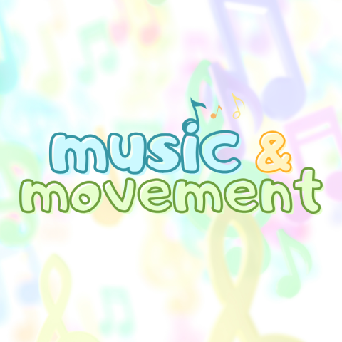 “Music & Movement” text in pastel colors with small music notes on a transparent background of musical symbols.