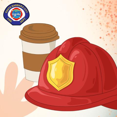 Illustration of a red firefighter helmet with a gold badge beside a coffee cup and Santa Barbara City Fire Department patch on a beige background.