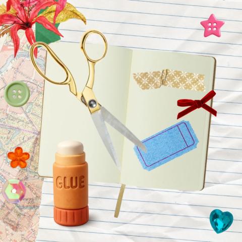 A collage with a notebook, scissors, glue stick, buttons, and decorative elements on a lined paper background.