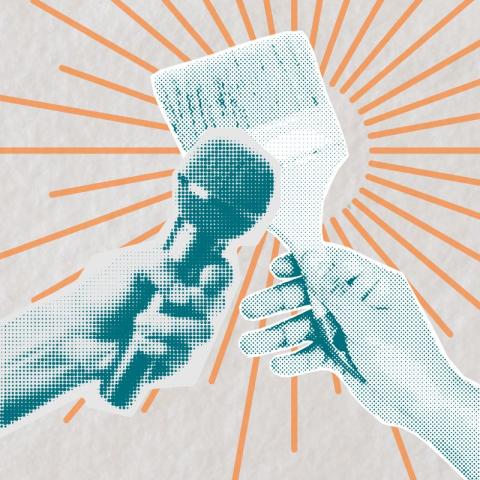 Two hands hold a microphone and paintbrush in a pop art style, with orange radiating lines in the background.