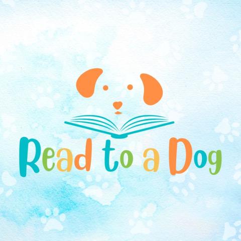 White and orange outline of a dog face with a blue book with a tie dye background