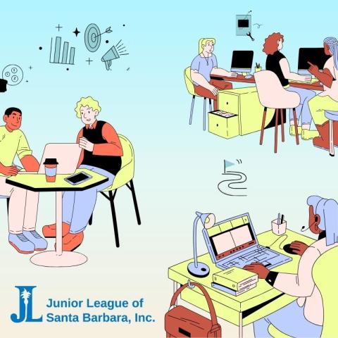 Illustration of people working in collaborative environments and computers, featuring a logo for the Junior League of Santa Barbara, Inc.