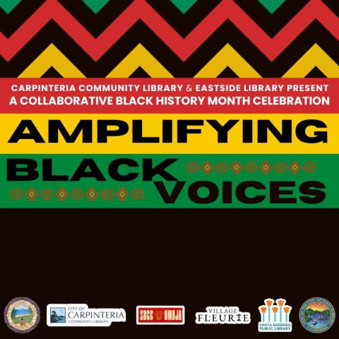 Illustration featuring red, yellow, and green zigzag patterns with the text "Amplifying Black Voices".
