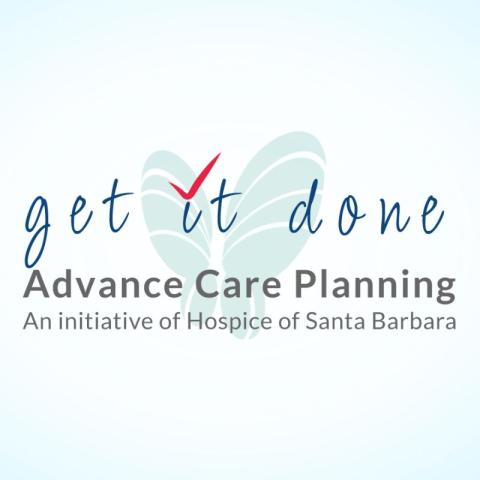 Logo for the "get it done" Advance Care Planning initiative of Hospice of Santa Barbara, featuring a red checkmark and a stylized butterfly.