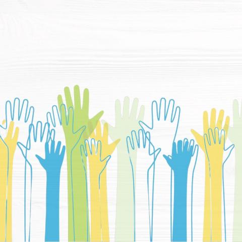Illustration of multiple colorful hands raised upward against a white wooden background.