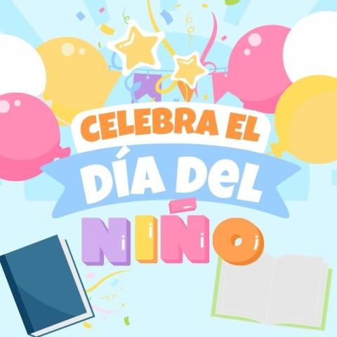 Illustration featuring festive balloons, stars, and confetti surrounding books.