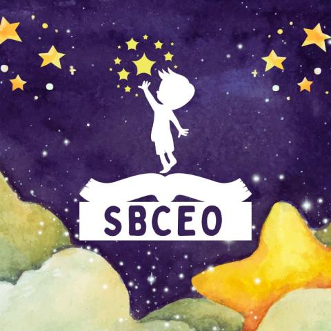 Illustration of a child silhouette reaching for stars while standing on an open book with a SBCEO logo against a night sky background.