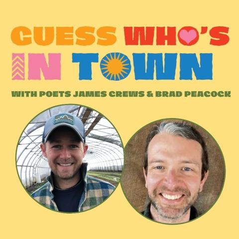 Portraits of poets James Crews and Brad Peacock on a yellow background.