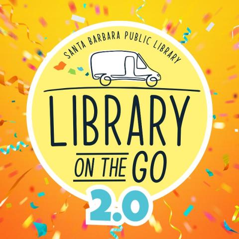Illustration featuring a drawing of the Library on the Go van set against a festive orange background with confetti.